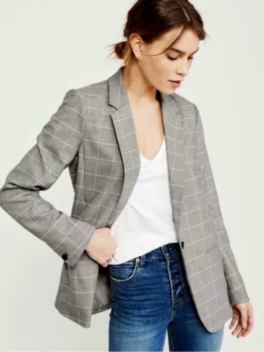 Abercrombie & Fitch Gray Windowpane Plaid Boyfriend Blazer M
